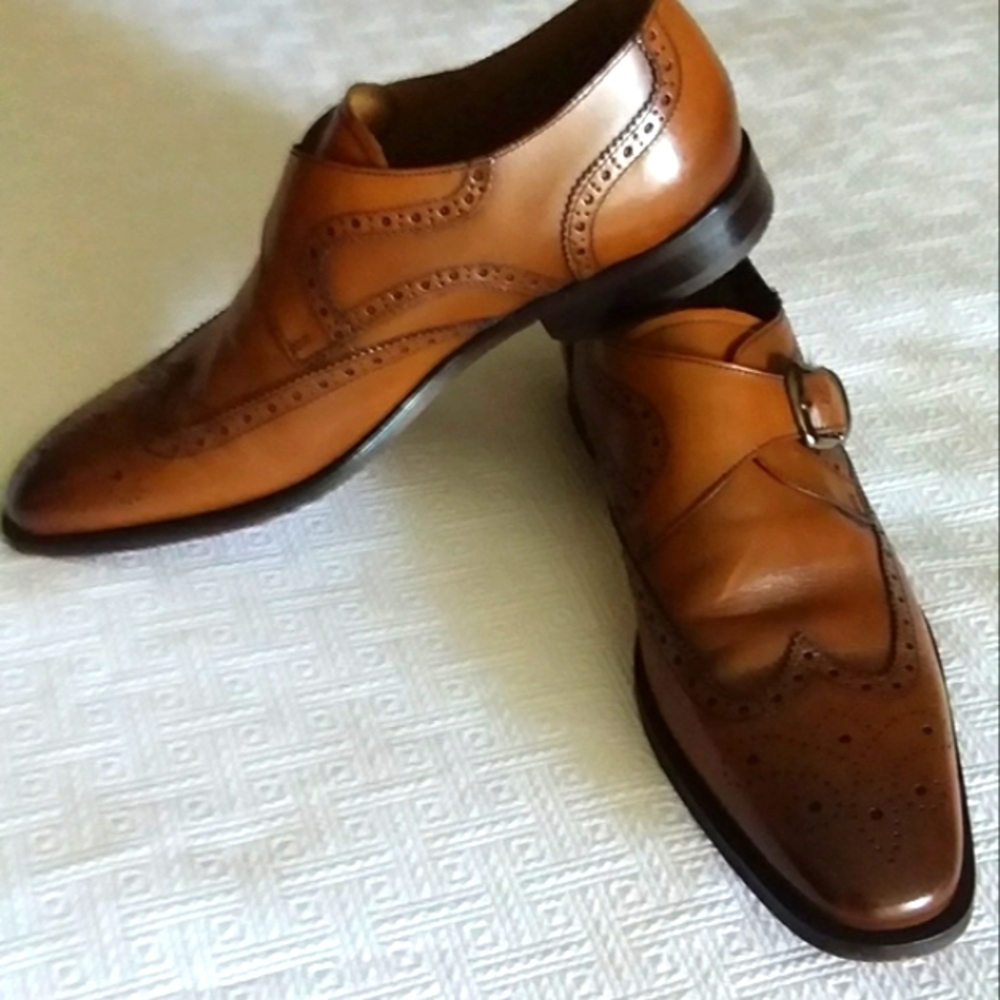 Men's Florsheim monk strap cognac leather shoes.